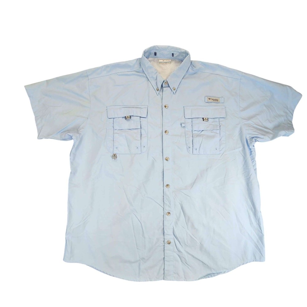 Columbia Mens XXL Blue PFG Omni Shield Mesh Lined Short Sleeve Button Down Shirt